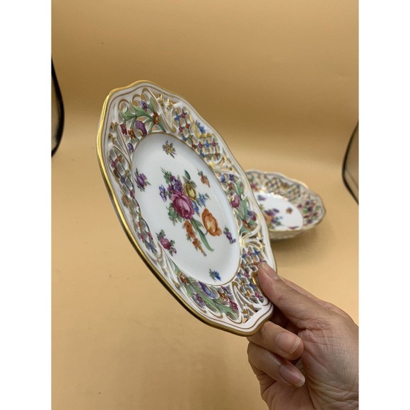 VTG DRESDEN Schumann Porcelain Reticulated Candy/Nut Dish and Bowl Floral Gold - Picture 8 of 13